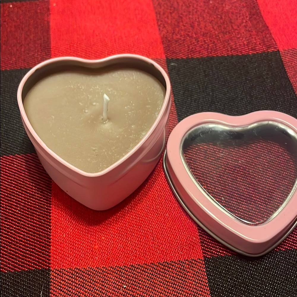 Heart-Shaped Pink Candle Tin. Chocolate scented.